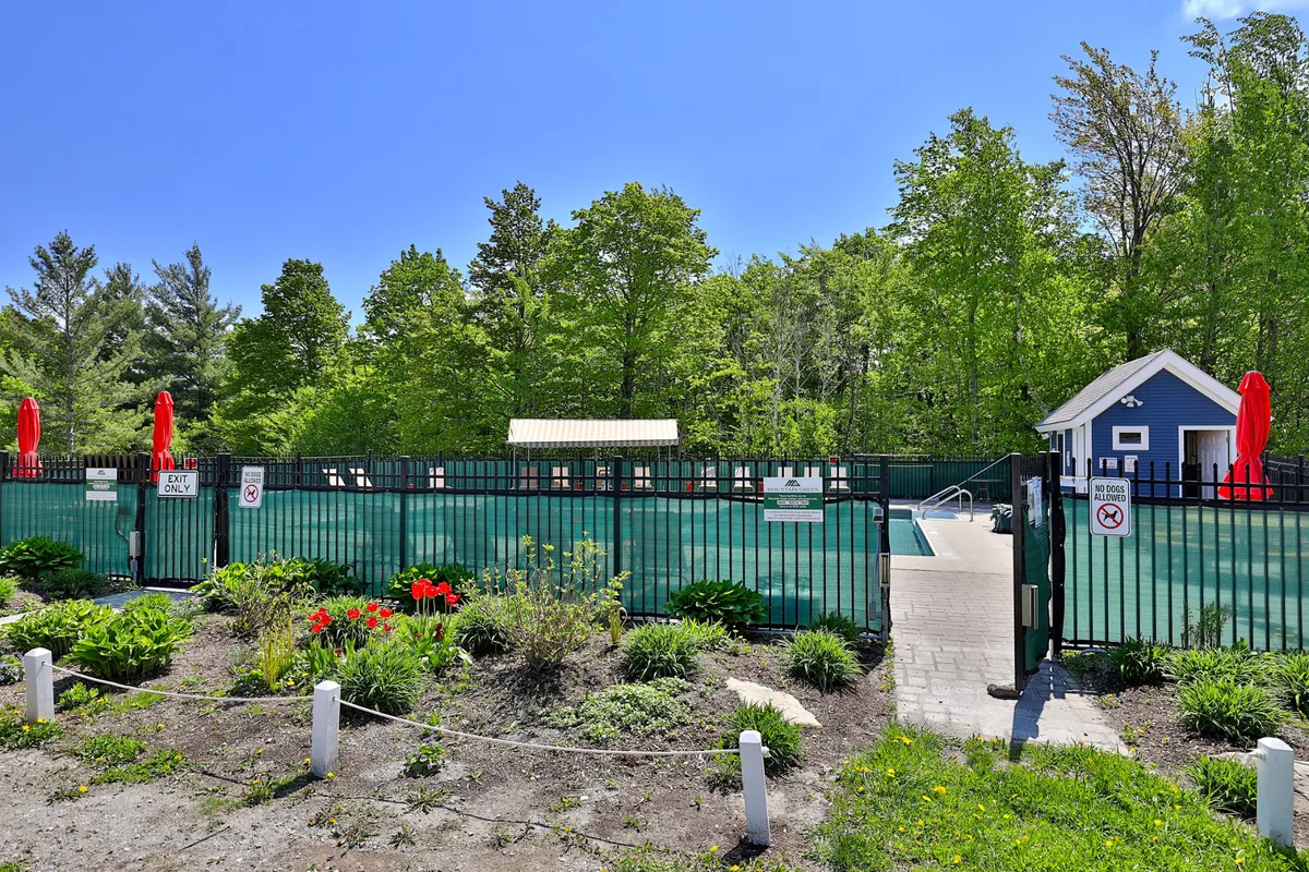 An exterior pool scene with a vibrant blue swimming pool, red umbrellas, landscaped gardens, and a pool house. The area is lively and cheerful, perfect for swimming, sunbathing, and outdoor gatherings.